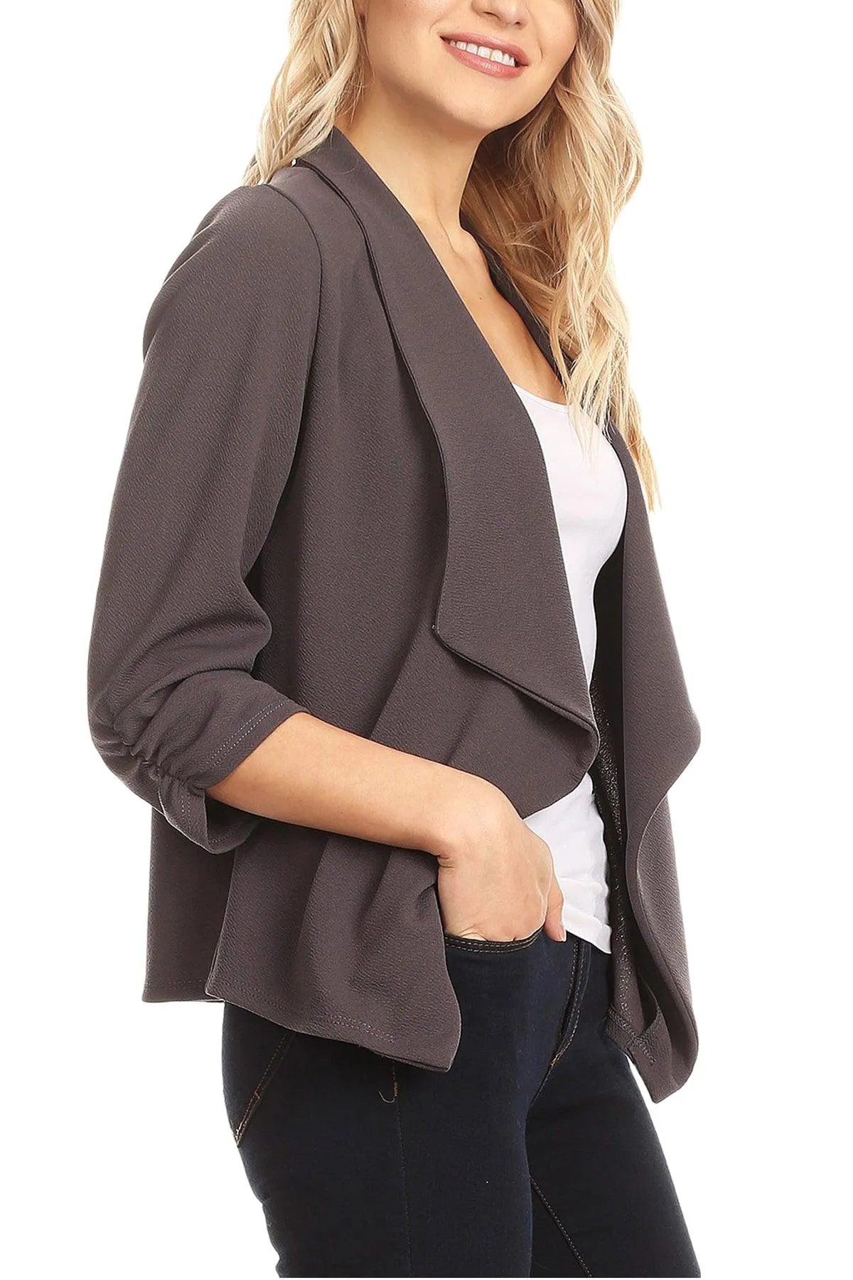 Women's Casual 3/4 Sleeve Fitted Solid Open Front  Blazer Jacket Made in USA