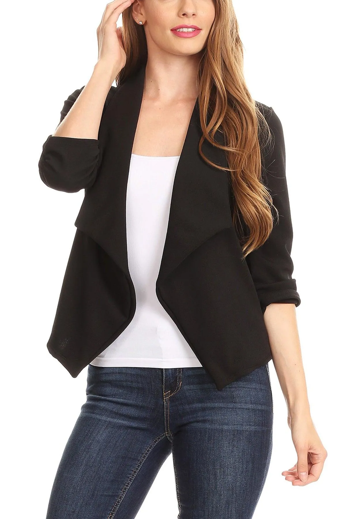 Women's Casual 3/4 Sleeve Fitted Solid Open Front  Blazer Jacket Made in USA